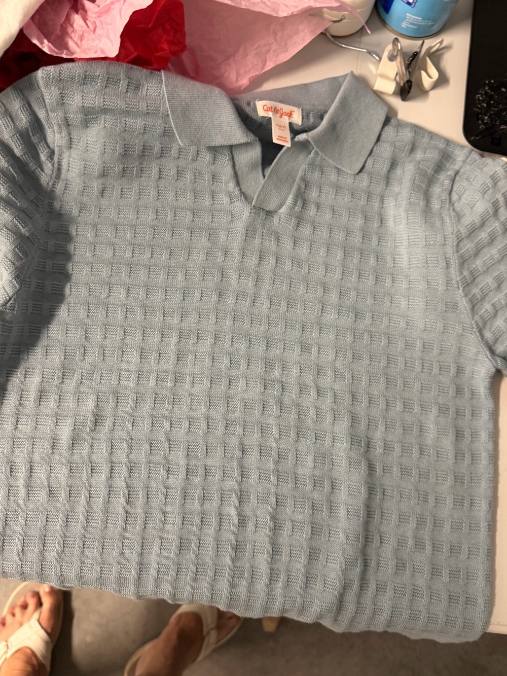 Cat & Jack Pale Blue Waffle Knit Polo for boys size small 6/7 nwt
